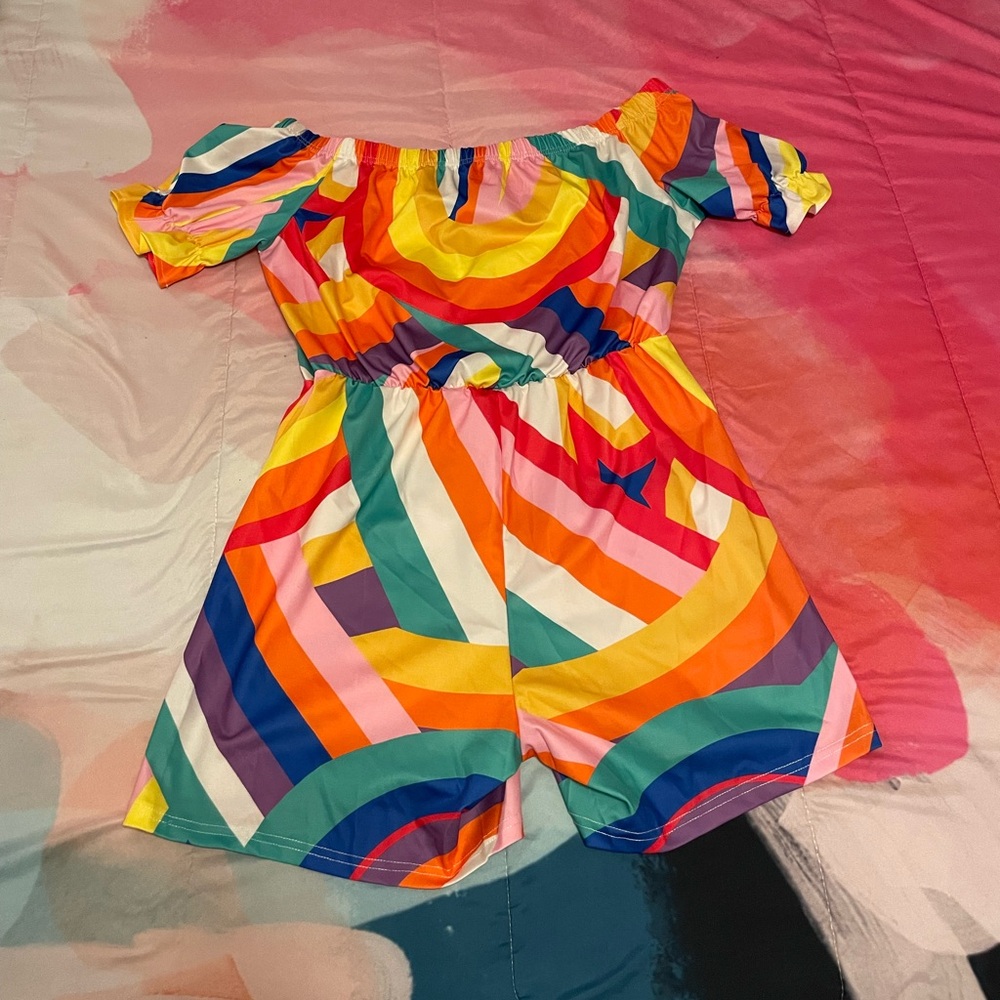 Colorful Striped Off-Shoulder Romper - Size Large